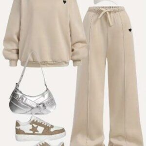 Girls' Casual Back-to-School Outfit Set - Round Neck Pullover and Wide-Leg Pants